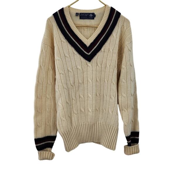 Vintage Lord & Taylor 100% Wool Grandpa Sweater Size Large V-Neck Varsity Tennis - Picture 1 of 7